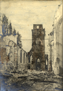 404492 Gezicht op de ruïne van de op 23 juni 1900 afgebrande Nederlands Hervormde kerk te Harmelen.